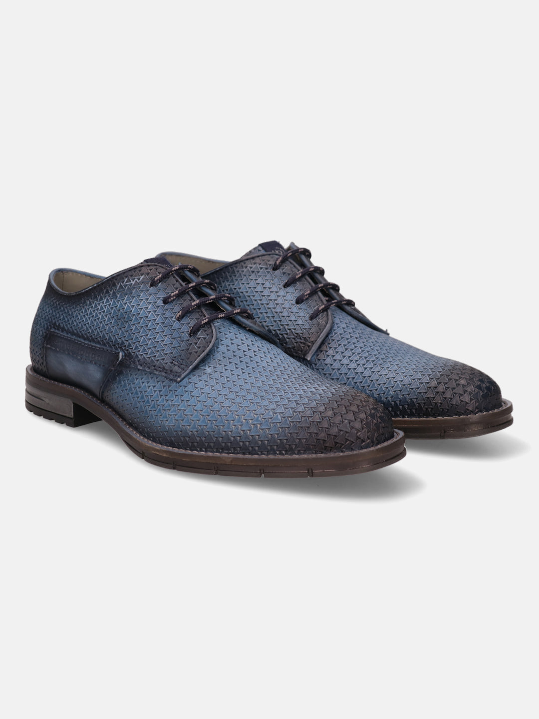 Blue leather comfort derby dress shoes by bugatti, featuring patterned texture and lace-up closure.