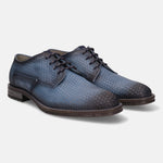 Blue leather comfort derby dress shoes by bugatti, featuring patterned texture and lace-up closure.