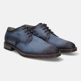 Blue leather comfort derby dress shoes by bugatti, featuring patterned texture and lace-up closure.