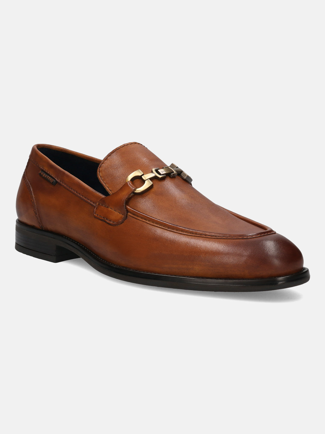 A cognac Men's bugatti Bit Loafer featuring a round apron toe, stacked heel. Made from premium genuine leather with a durable tpr outsole, this slip-on design offers both style and comfort.