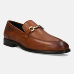 A cognac Men's bugatti Bit Loafer featuring a round apron toe, stacked heel. Made from premium genuine leather with a durable tpr outsole, this slip-on design offers both style and comfort.