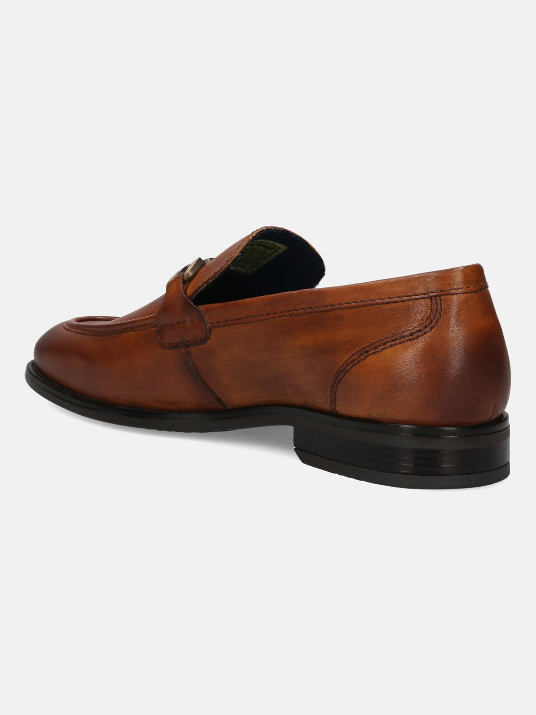 A cognac Men's bugatti Bit Loafer featuring a round apron toe, stacked heel. Made from premium genuine leather with a durable tpr outsole, this slip-on design offers both style and comfort.