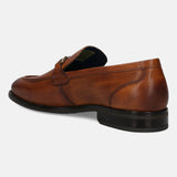 A cognac Men's bugatti Bit Loafer featuring a round apron toe, stacked heel. Made from premium genuine leather with a durable tpr outsole, this slip-on design offers both style and comfort.
