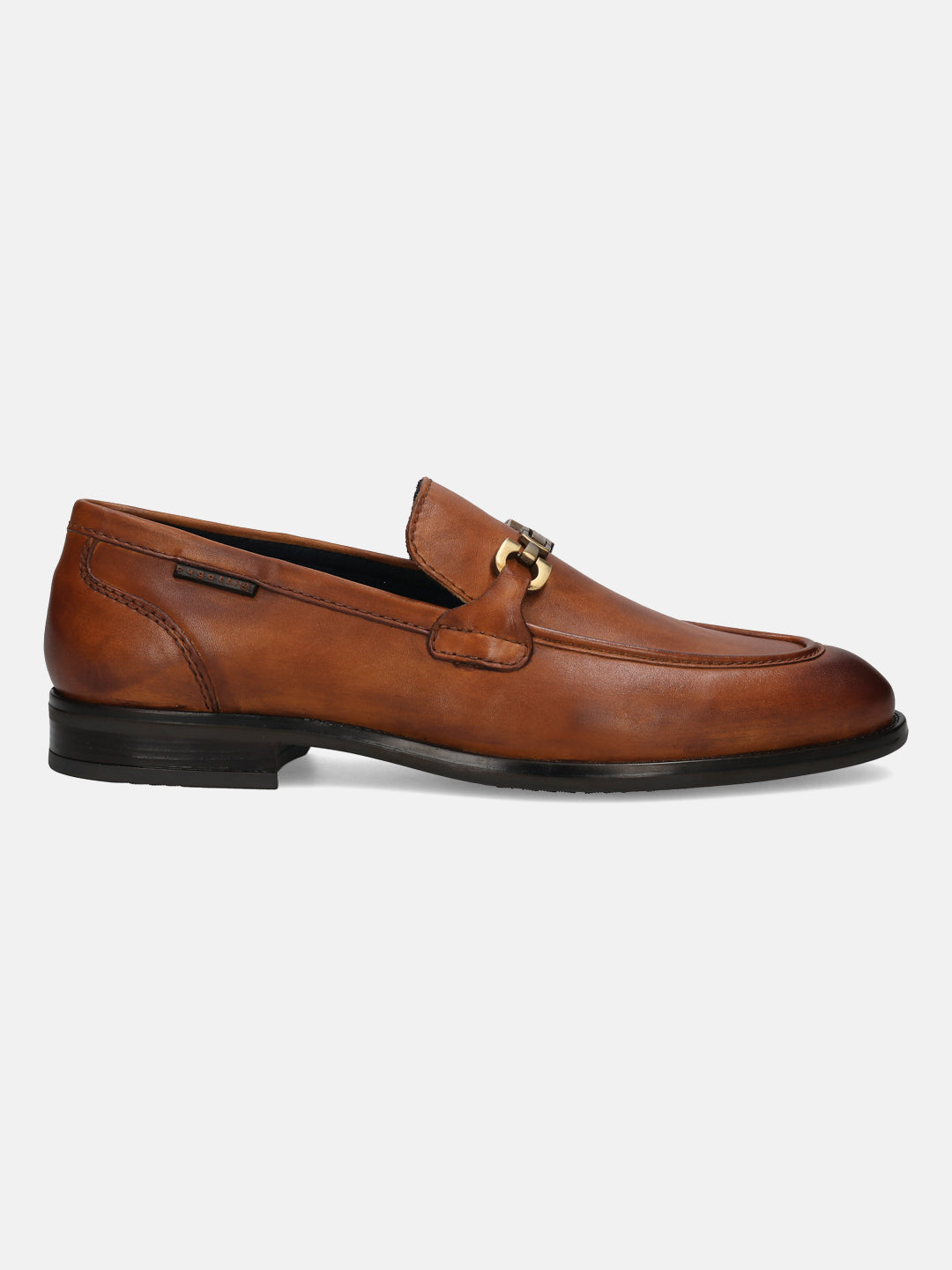 A cognac Men's bugatti Bit Loafer featuring a round apron toe, stacked heel. Made from premium genuine leather with a durable tpr outsole, this slip-on design offers both style and comfort.
