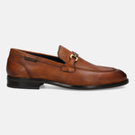 A cognac Men's bugatti Bit Loafer featuring a round apron toe, stacked heel. Made from premium genuine leather with a durable tpr outsole, this slip-on design offers both style and comfort.
