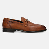 A cognac Men's bugatti Bit Loafer featuring a round apron toe, stacked heel. Made from premium genuine leather with a durable tpr outsole, this slip-on design offers both style and comfort.