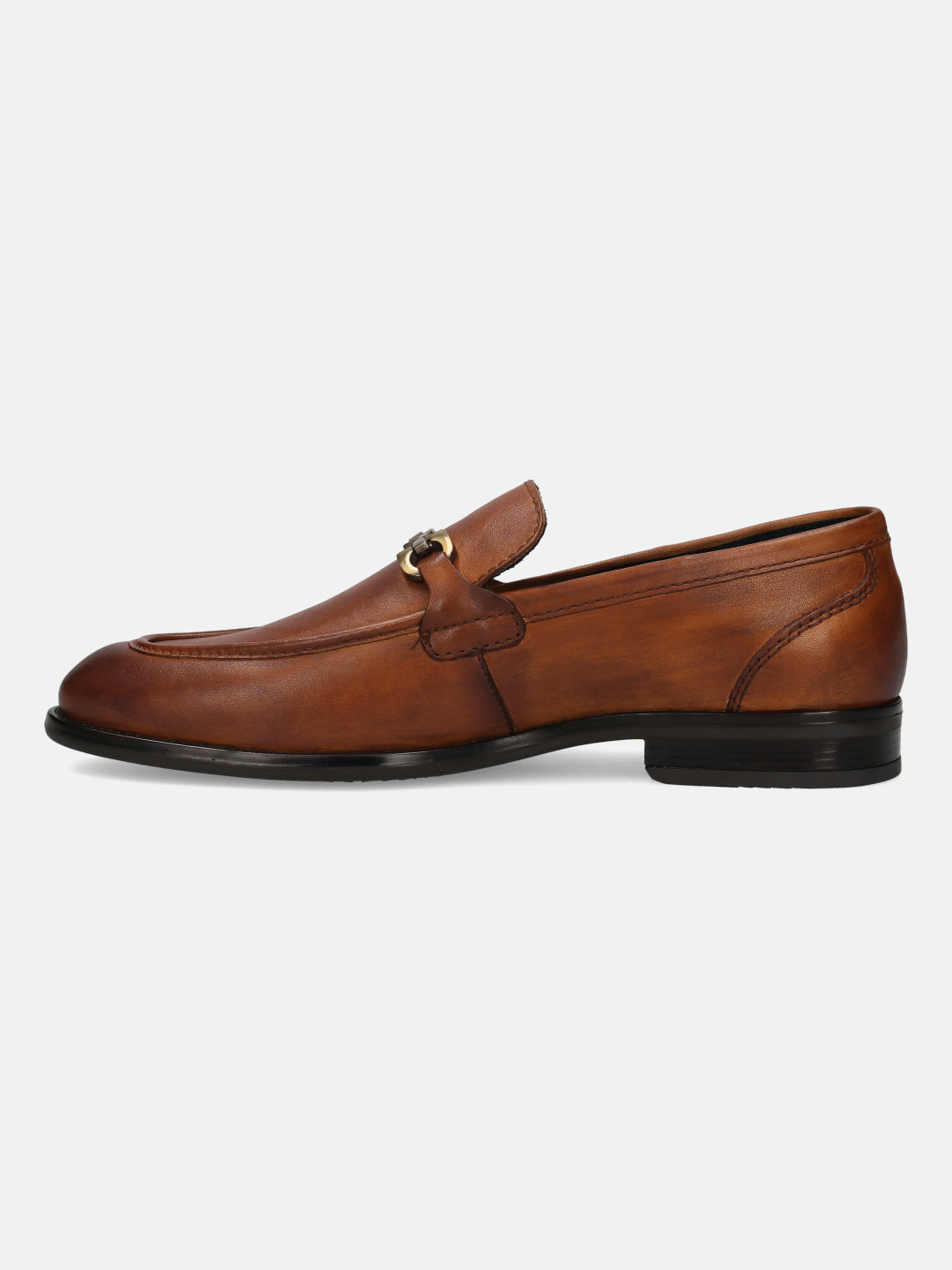 A cognac Men's bugatti Bit Loafer featuring a round apron toe, stacked heel. Made from premium genuine leather with a durable tpr outsole, this slip-on design offers both style and comfort.