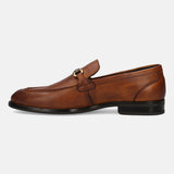 A cognac Men's bugatti Bit Loafer featuring a round apron toe, stacked heel. Made from premium genuine leather with a durable tpr outsole, this slip-on design offers both style and comfort.