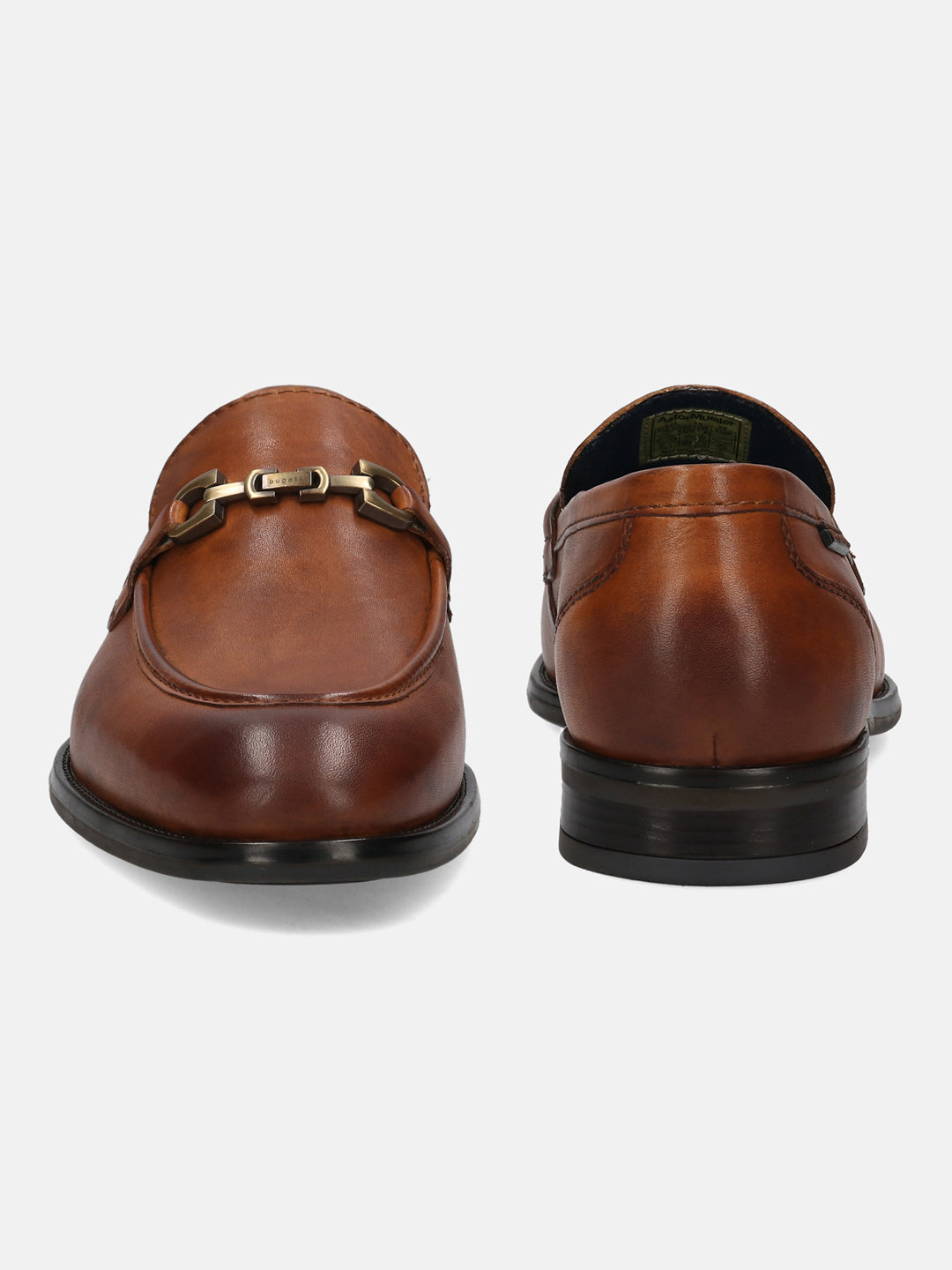 A cognac Men's bugatti Bit Loafer featuring a round apron toe, stacked heel. Made from premium genuine leather with a durable tpr outsole, this slip-on design offers both style and comfort.