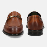 A cognac Men's bugatti Bit Loafer featuring a round apron toe, stacked heel. Made from premium genuine leather with a durable tpr outsole, this slip-on design offers both style and comfort.