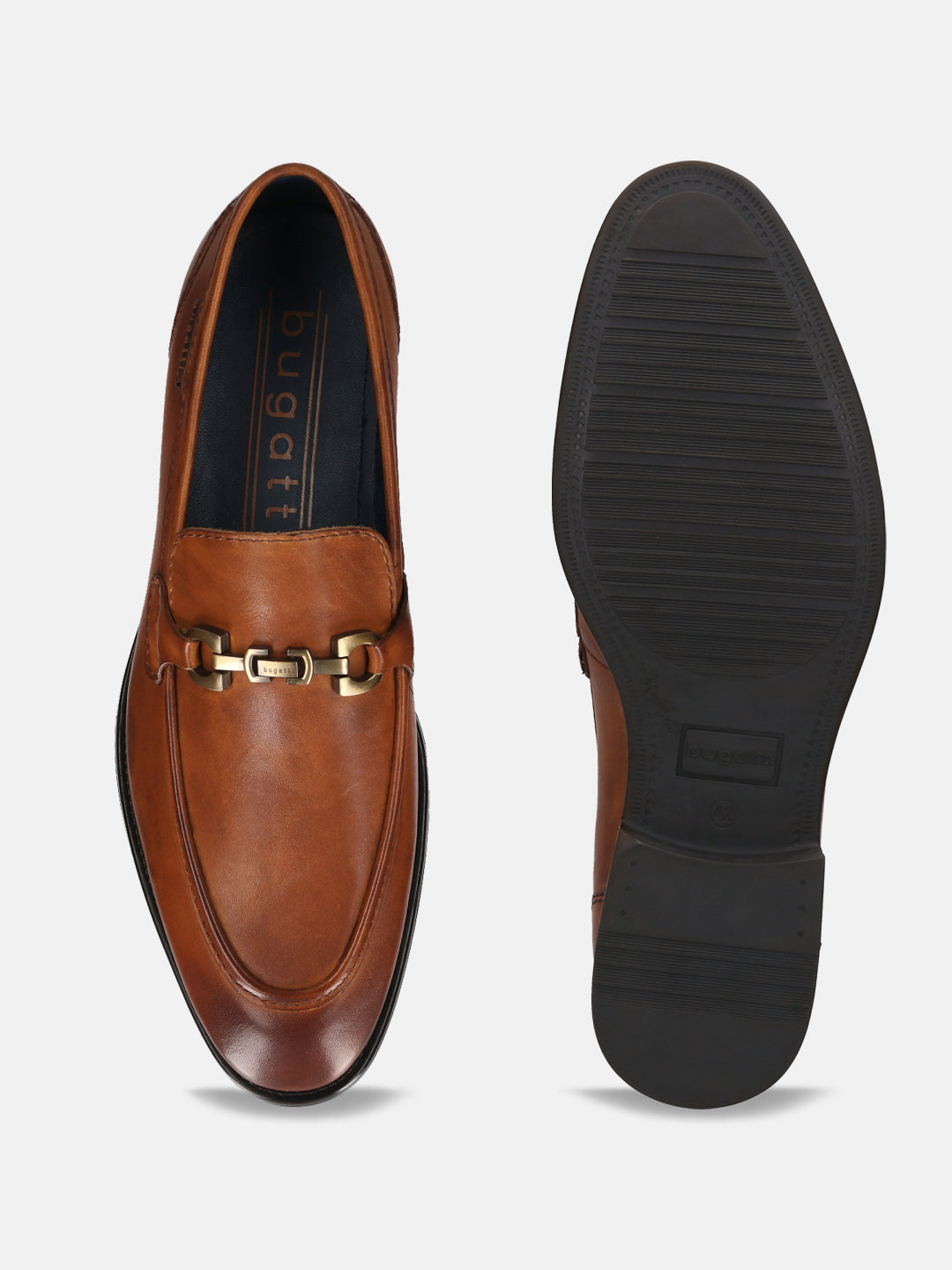 A cognac Men's bugatti Bit Loafer featuring a round apron toe, stacked heel. Made from premium genuine leather with a durable tpr outsole, this slip-on design offers both style and comfort.