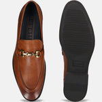 A cognac Men's bugatti Bit Loafer featuring a round apron toe, stacked heel. Made from premium genuine leather with a durable tpr outsole, this slip-on design offers both style and comfort.