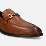 A cognac Men's bugatti Bit Loafer featuring a round apron toe, stacked heel. Made from premium genuine leather with a durable tpr outsole, this slip-on design offers both style and comfort.