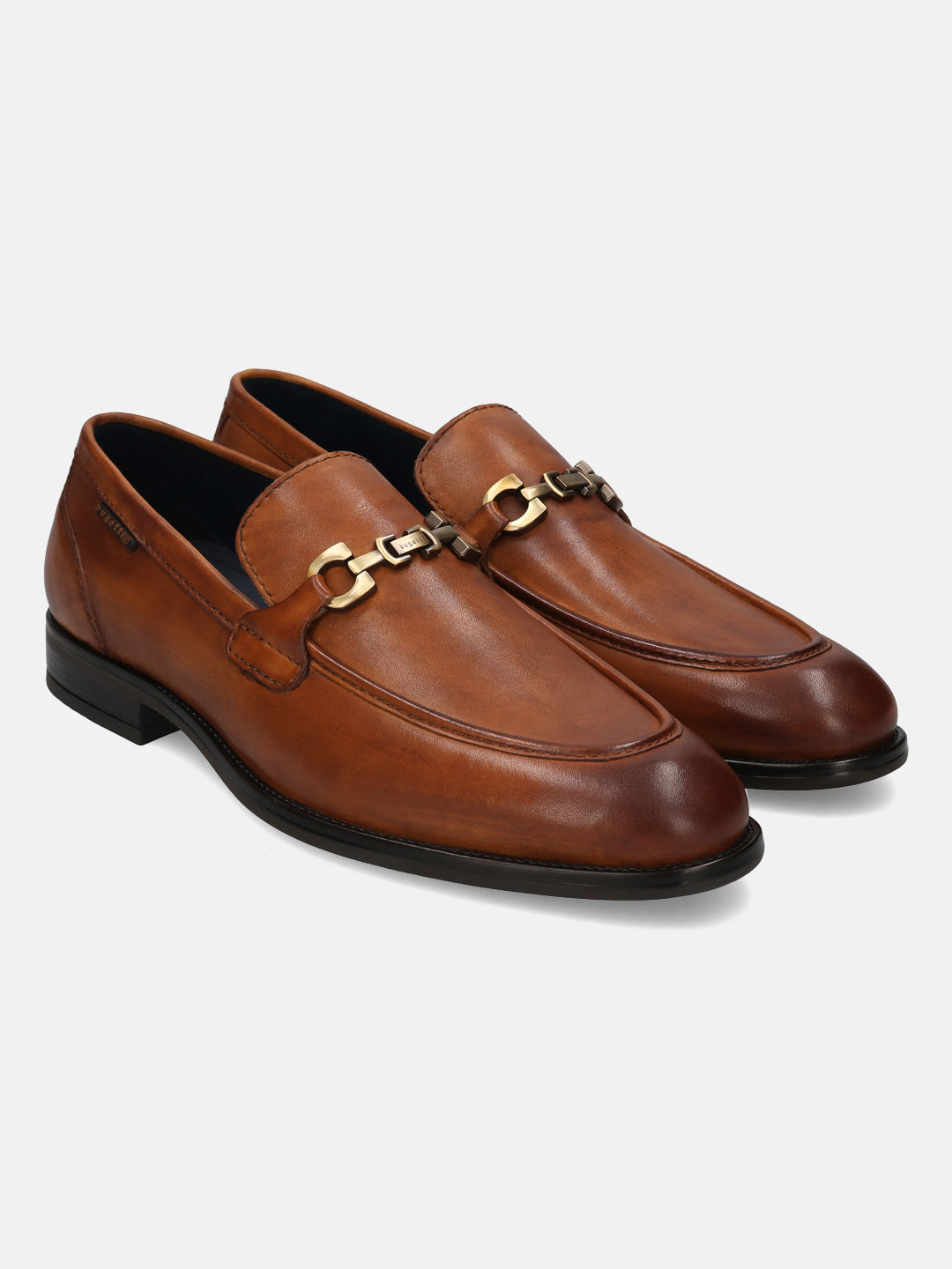 A cognac Men's bugatti Bit Loafer featuring a round apron toe, stacked heel. Made from premium genuine leather with a durable tpr outsole, this slip-on design offers both style and comfort.