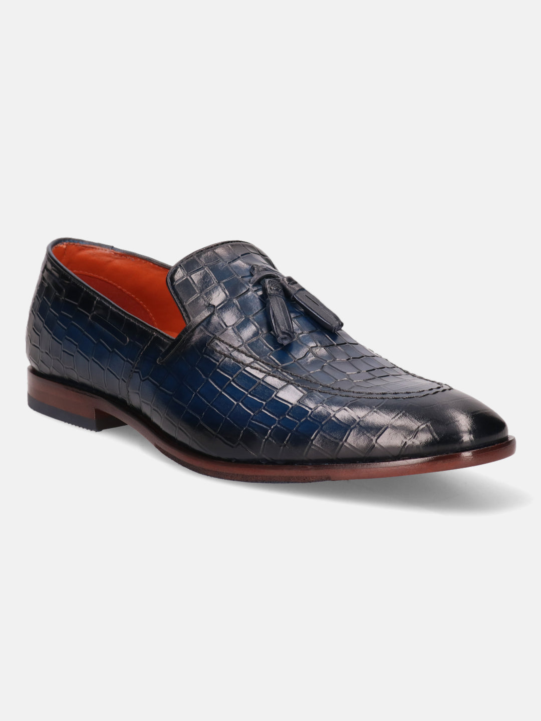 A blue Men's bugatti Tassel Loafers featuring a round toe plain toe, stacked heel. Made from premium genuine leather with a durable leather outsole, this slip-on design offers both style and comfort.