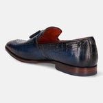 A blue Men's bugatti Tassel Loafers featuring a round toe plain toe, stacked heel. Made from premium genuine leather with a durable leather outsole, this slip-on design offers both style and comfort.