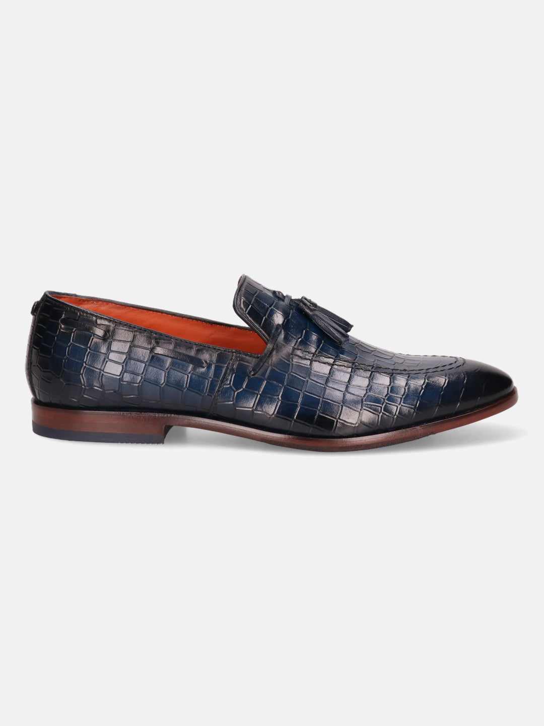 A blue Men's bugatti Tassel Loafers featuring a round toe plain toe, stacked heel. Made from premium genuine leather with a durable leather outsole, this slip-on design offers both style and comfort.