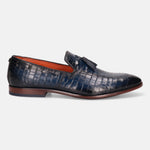 A blue Men's bugatti Tassel Loafers featuring a round toe plain toe, stacked heel. Made from premium genuine leather with a durable leather outsole, this slip-on design offers both style and comfort.
