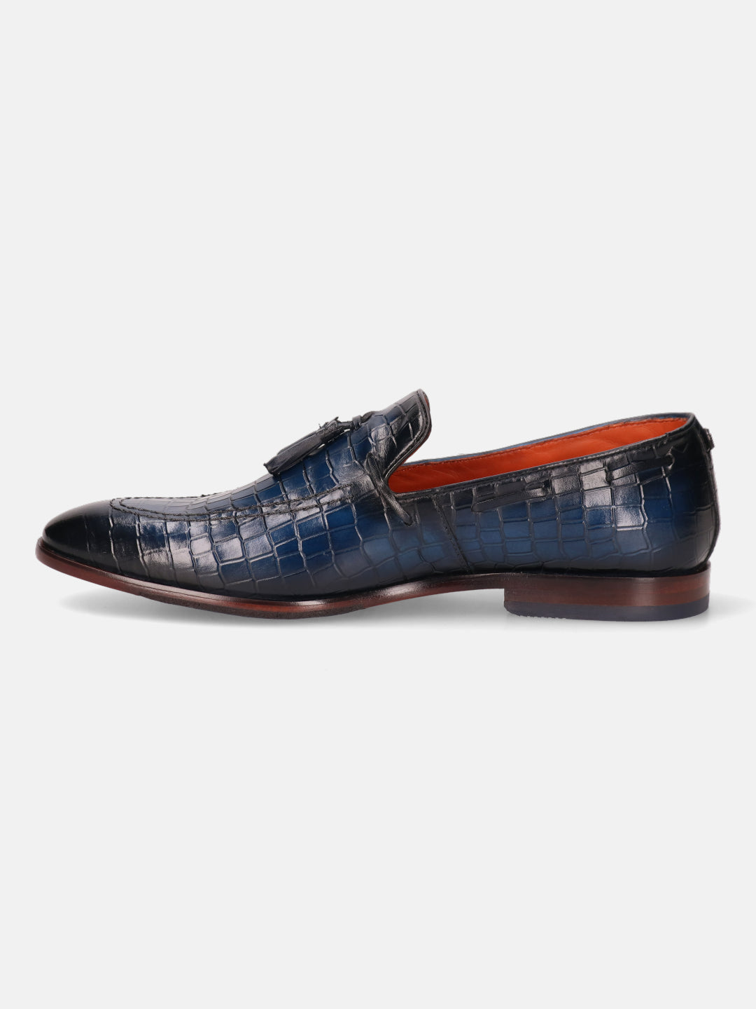 A blue Men's bugatti Tassel Loafers featuring a round toe plain toe, stacked heel. Made from premium genuine leather with a durable leather outsole, this slip-on design offers both style and comfort.