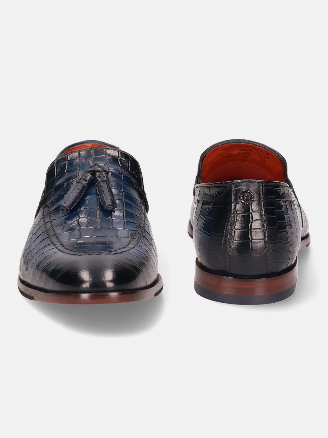 A blue Men's bugatti Tassel Loafers featuring a round toe plain toe, stacked heel. Made from premium genuine leather with a durable leather outsole, this slip-on design offers both style and comfort.
