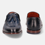 A blue Men's bugatti Tassel Loafers featuring a round toe plain toe, stacked heel. Made from premium genuine leather with a durable leather outsole, this slip-on design offers both style and comfort.