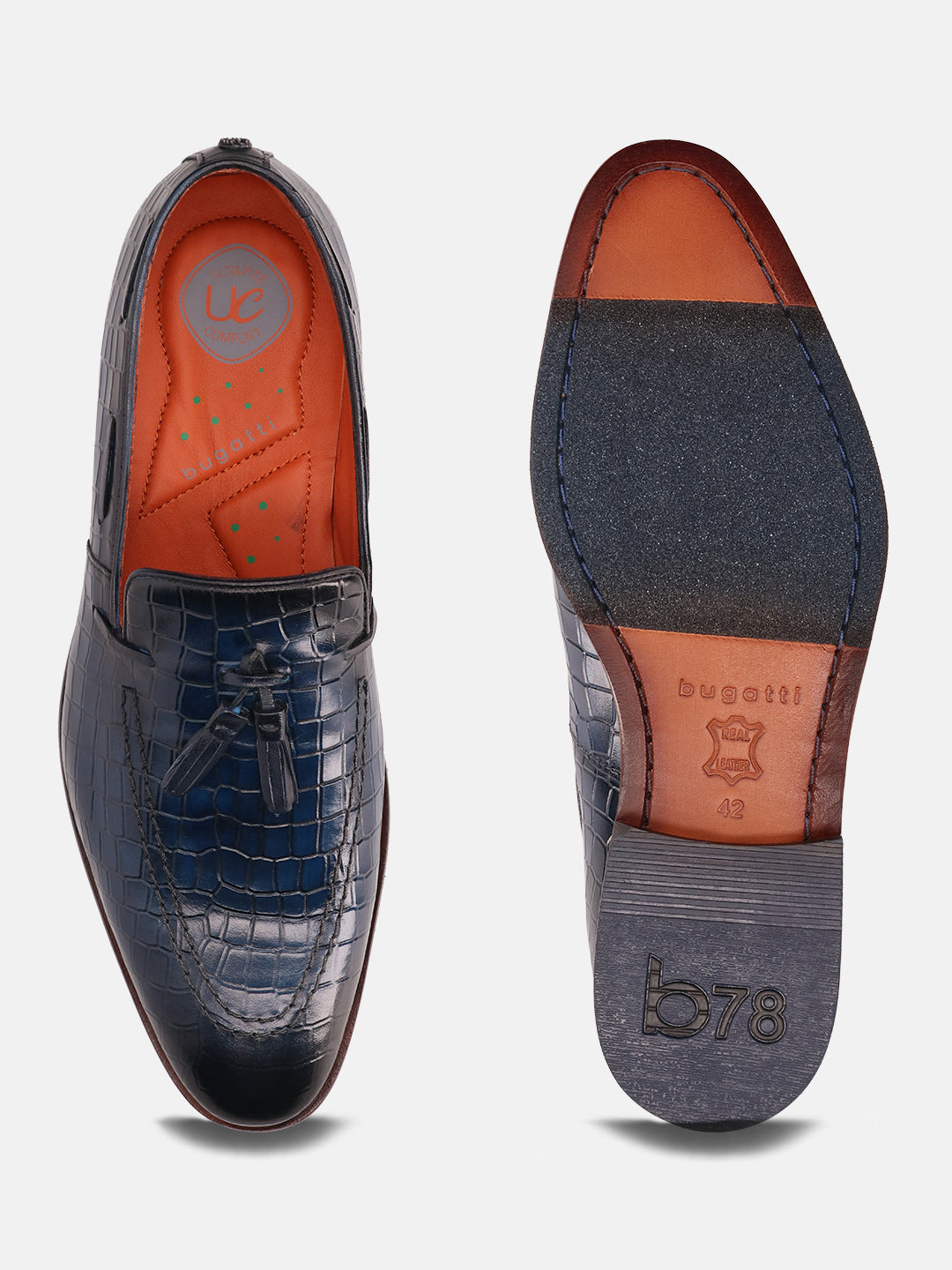 A blue Men's bugatti Tassel Loafers featuring a round toe plain toe, stacked heel. Made from premium genuine leather with a durable leather outsole, this slip-on design offers both style and comfort.