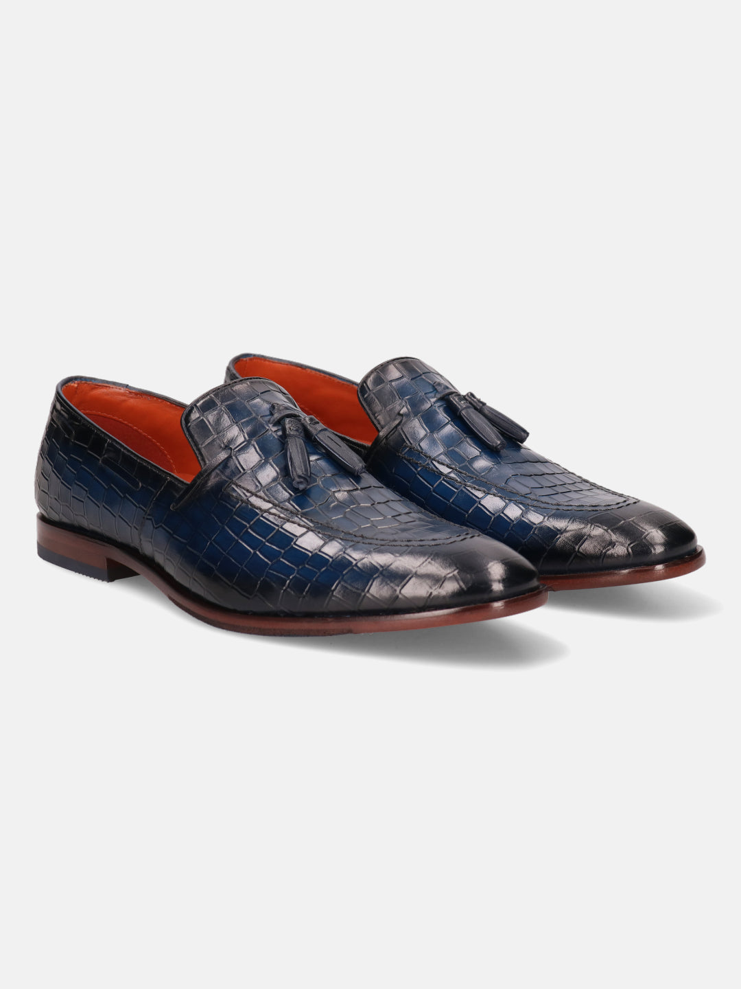 A blue Men's bugatti Tassel Loafers featuring a round toe plain toe, stacked heel. Made from premium genuine leather with a durable leather outsole, this slip-on design offers both style and comfort.