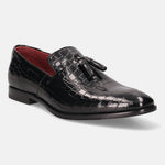 A black Men's bugatti Tassel Loafers featuring a round toe plain toe, stacked heel. Made from premium genuine leather with a durable leather outsole, this slip-on design offers both style and comfort.