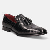A black Men's bugatti Tassel Loafers featuring a round toe plain toe, stacked heel. Made from premium genuine leather with a durable leather outsole, this slip-on design offers both style and comfort.
