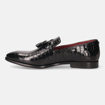 A black Men's bugatti Tassel Loafers featuring a round toe plain toe, stacked heel. Made from premium genuine leather with a durable leather outsole, this slip-on design offers both style and comfort.