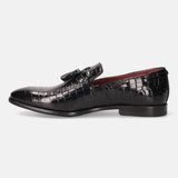 A black Men's bugatti Tassel Loafers featuring a round toe plain toe, stacked heel. Made from premium genuine leather with a durable leather outsole, this slip-on design offers both style and comfort.