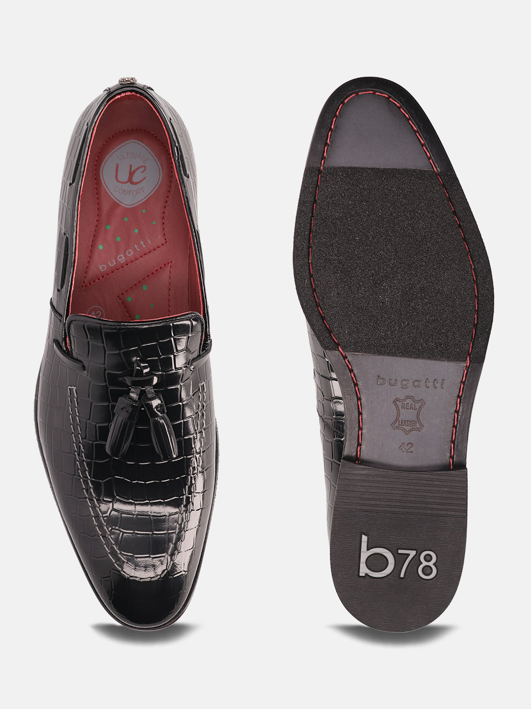 A black Men's bugatti Tassel Loafers featuring a round toe plain toe, stacked heel. Made from premium genuine leather with a durable leather outsole, this slip-on design offers both style and comfort.