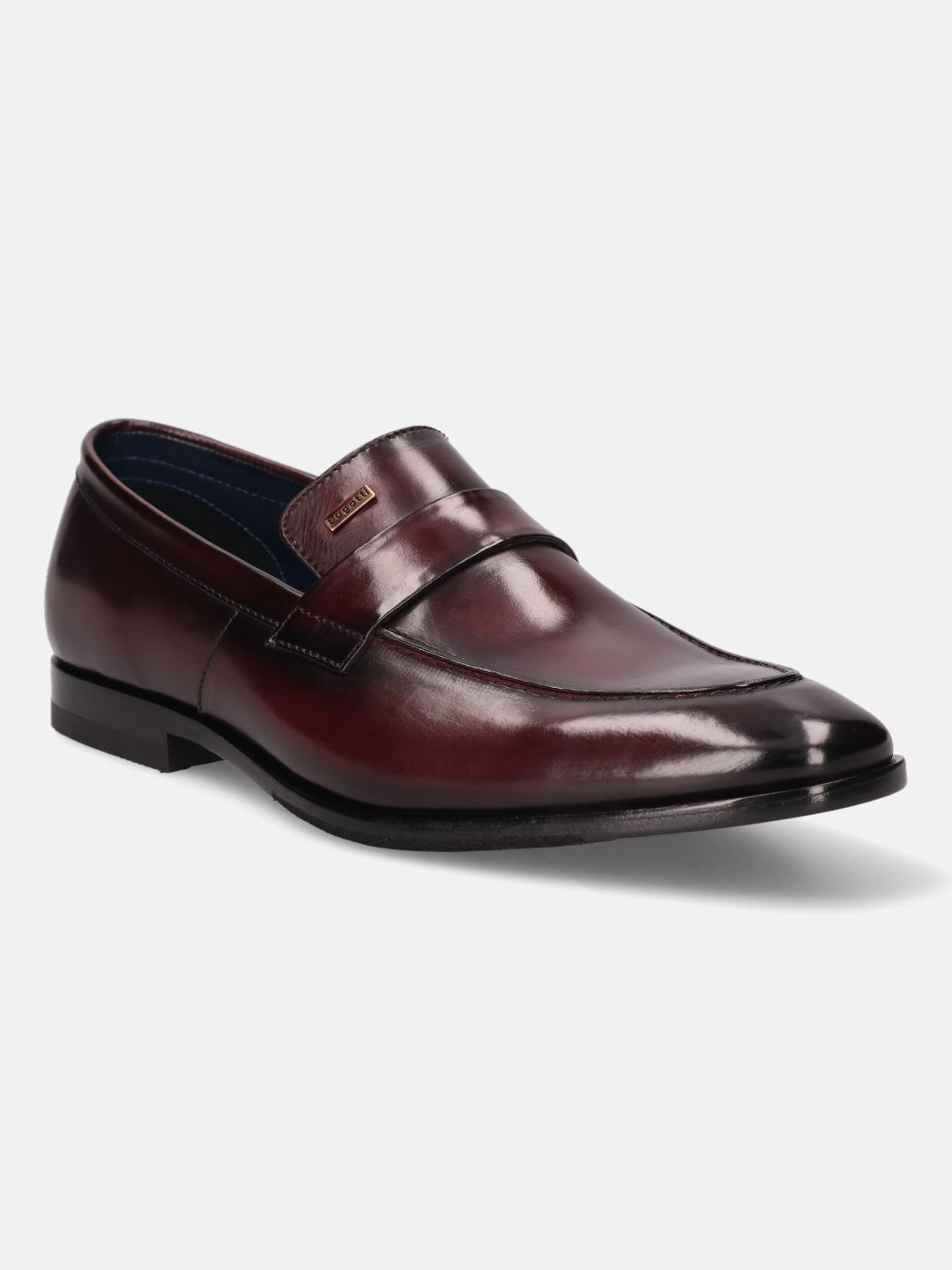 A grey Men's bugatti Penny Loafer featuring a round toe apron toe, stacked heel. Made from premium genuine leather with a durable leather outsole, this slip-on design offers both style and comfort.