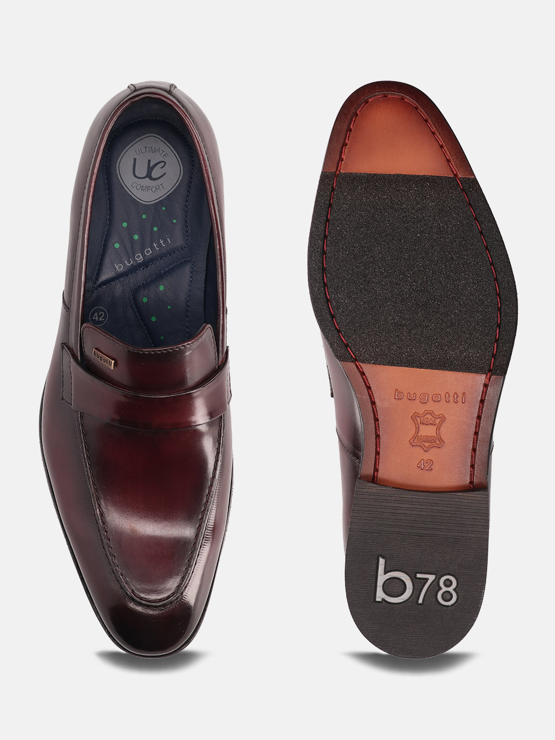 A grey Men's bugatti Penny Loafer featuring a round toe apron toe, stacked heel. Made from premium genuine leather with a durable leather outsole, this slip-on design offers both style and comfort.