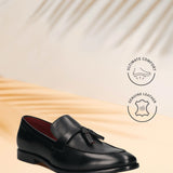 Bugatti Rico black leather slip-on dress shoe with tassel detail and a comfortable, genuine leather construction.

