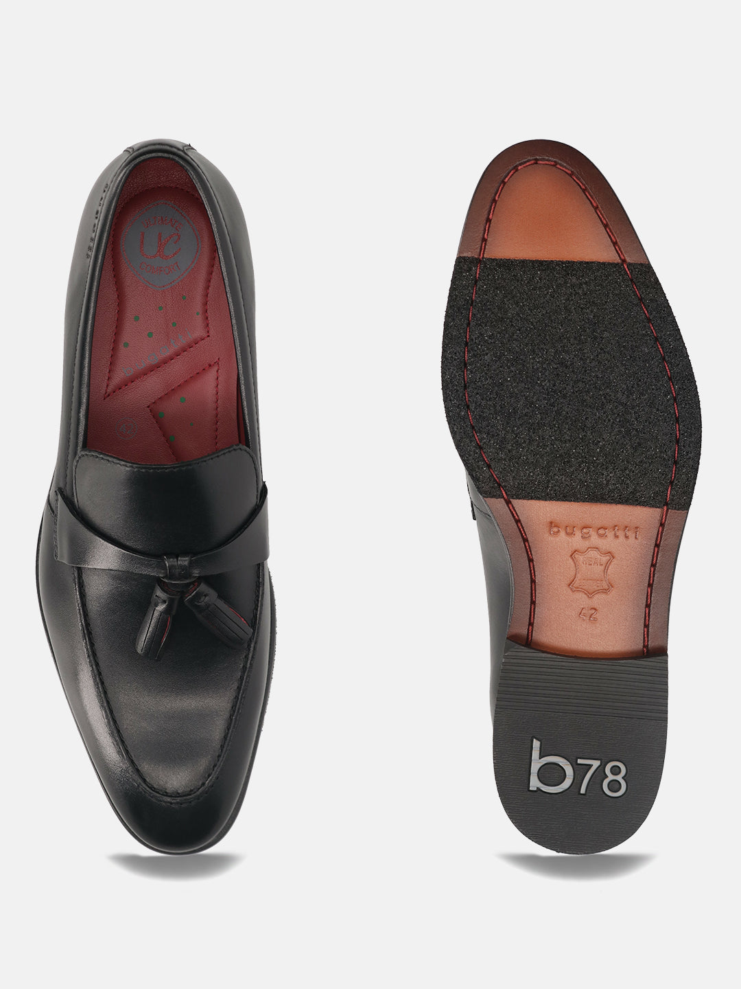 bugatti Rico black leather slip-on shoe, with decorative tassels, seen from above and sole.