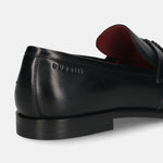 Cropped back view of a black leather slip-on loafer shoe by bugatti, featuring a red interior.