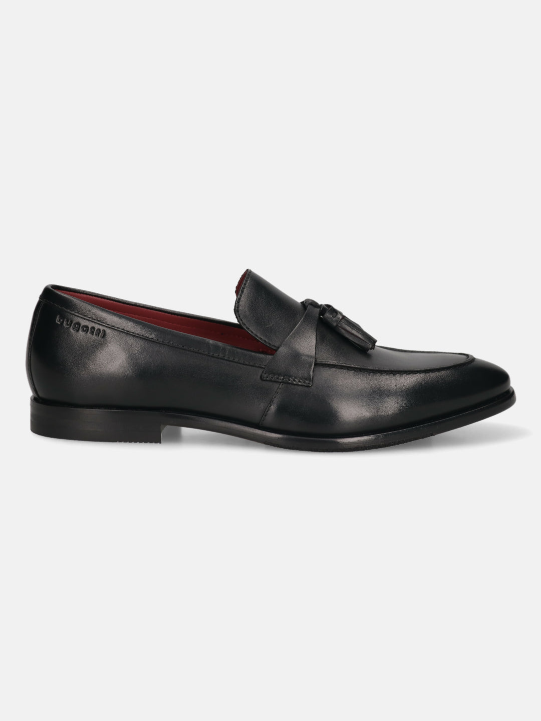 Side view of a black leather bugatti Rico slip-on loafer with a tassel.
