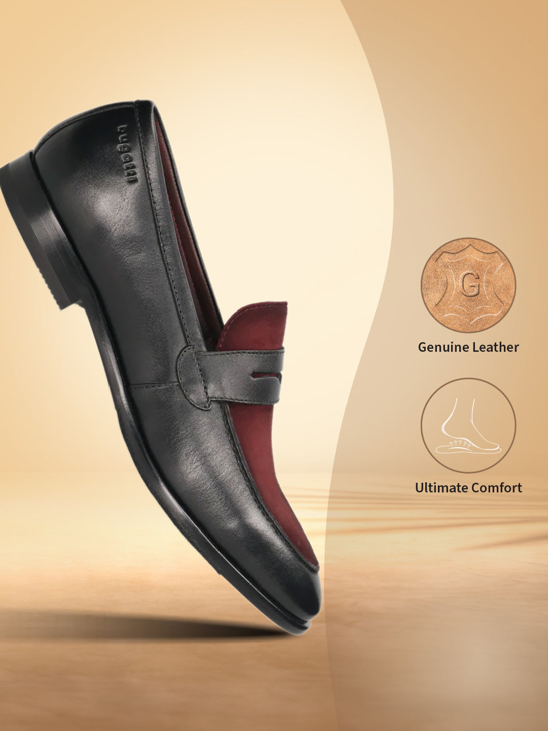 A black Men's bugatti Penny Loafer featuring a round toe apron toe, stacked heel. Made from premium genuine leather with a durable leather outsole, this slip-on design offers both style and comfort.