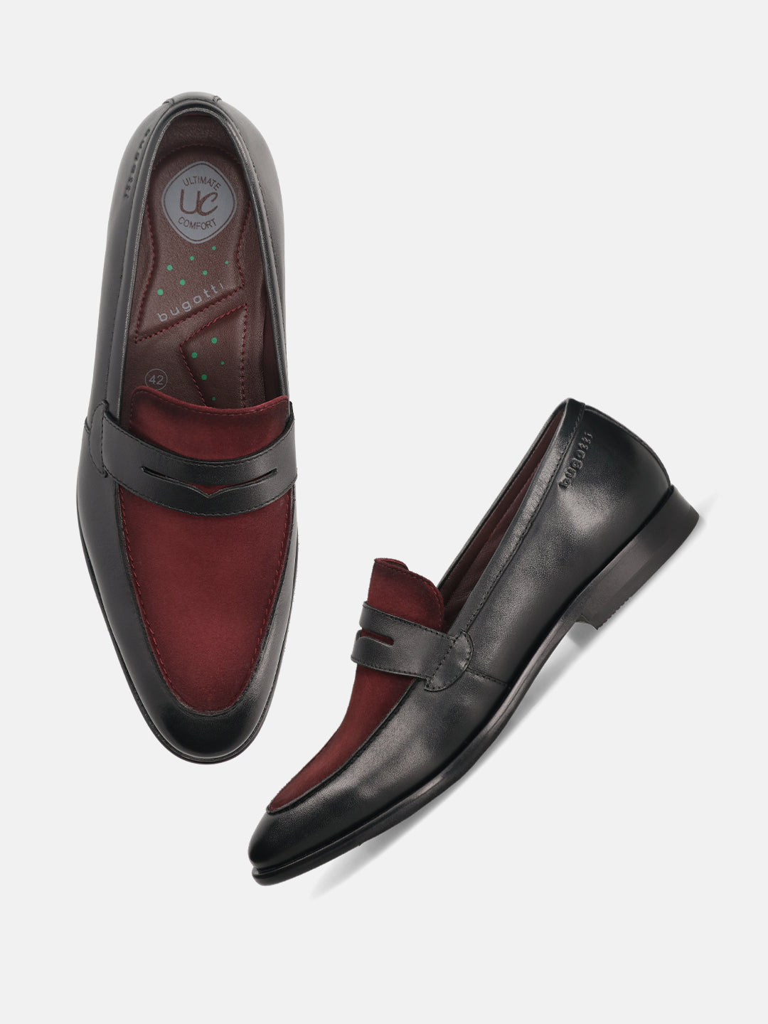 Black leather penny loafers by bugatti with a red suede vamp and ultimate comfort insole.