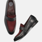 Black leather penny loafers by bugatti with a red suede vamp and ultimate comfort insole.