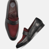 Black leather penny loafers by bugatti with a red suede vamp and ultimate comfort insole.