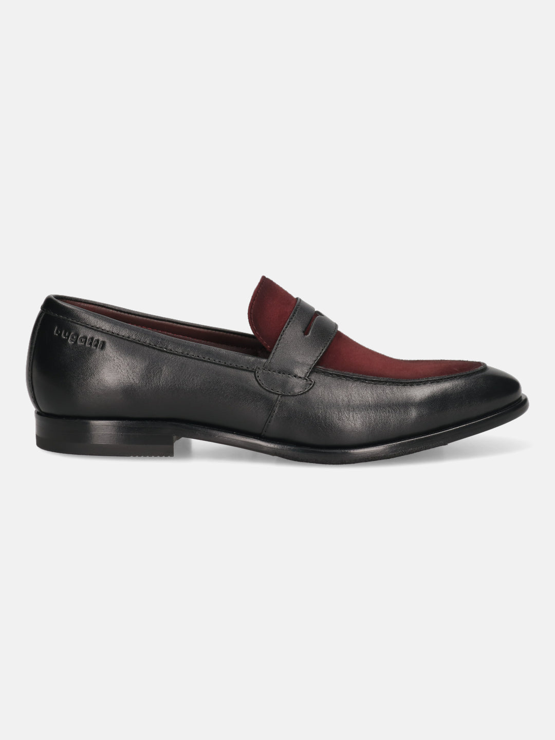 Black leather penny loafer by bugatti with a burgundy suede vamp, shown in a side view.