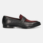Black leather penny loafer by bugatti with a burgundy suede vamp, shown in a side view.