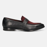 Black leather penny loafer by bugatti with a burgundy suede vamp, shown in a side view.