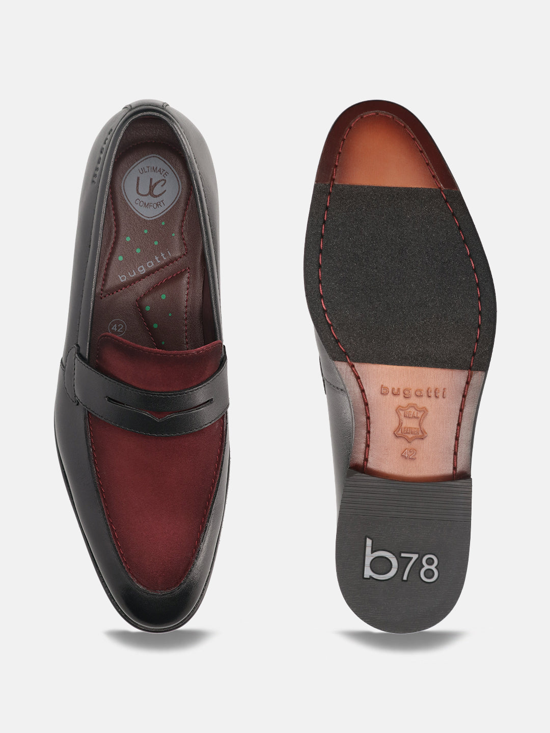 Black leather penny loafers by bugatti with a contrasting burgundy vamp, showing the insole and sole.