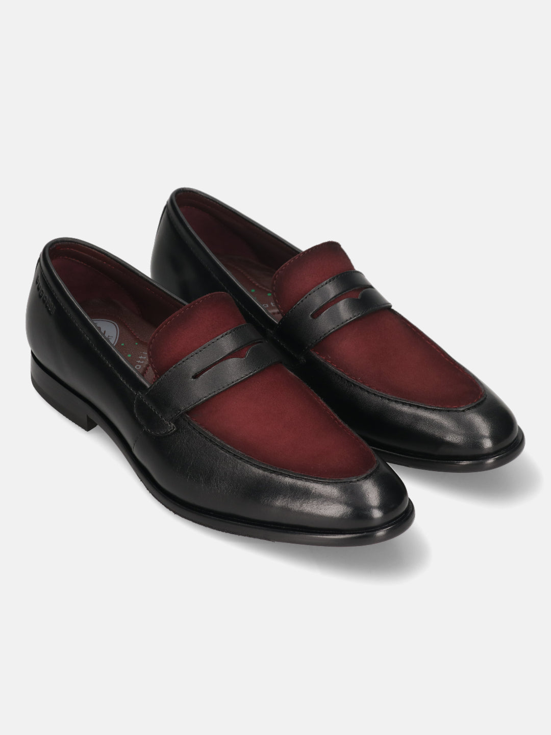 Black leather penny loafers by bugatti, featuring a burgundy suede vamp and subtle stitching details.