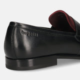 Black leather loafers by bugatti, showing burgundy lining and a low heel.