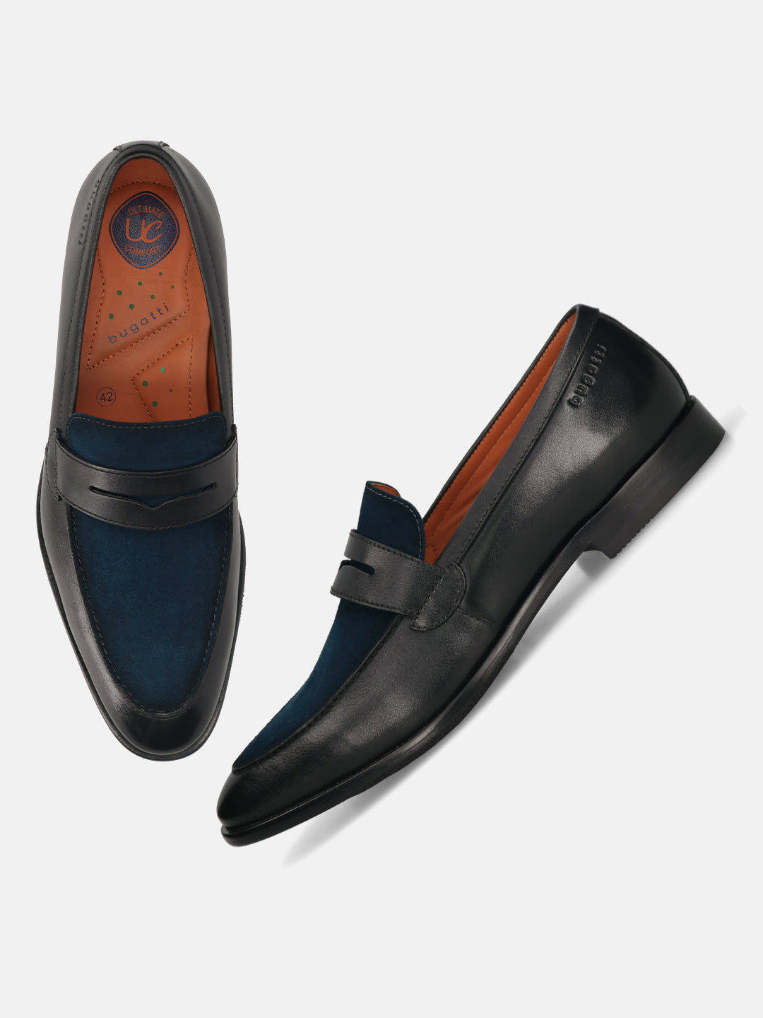 Black leather loafers by bugatti with a navy suede vamp and padded insole.