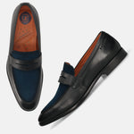 Black leather loafers by bugatti with a navy suede vamp and padded insole.